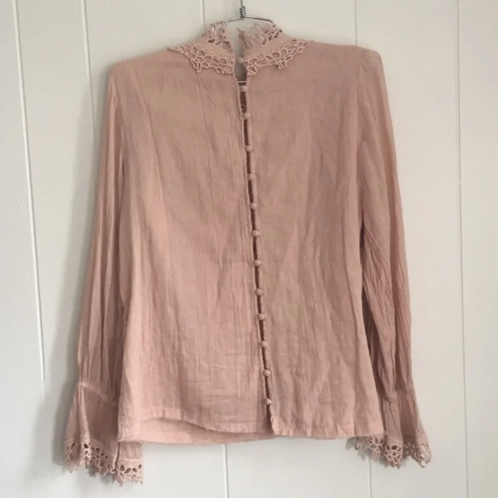 Free People One Blush Victoria Blouse Cut Lace Button Back Puff Sleeves Size S